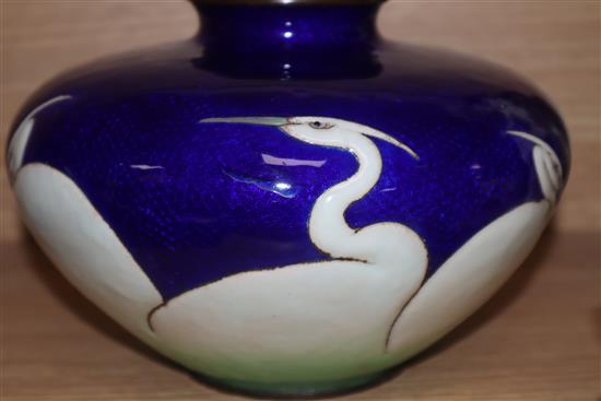 A Japanese musen and moriage enamel egrets vase height 14cm